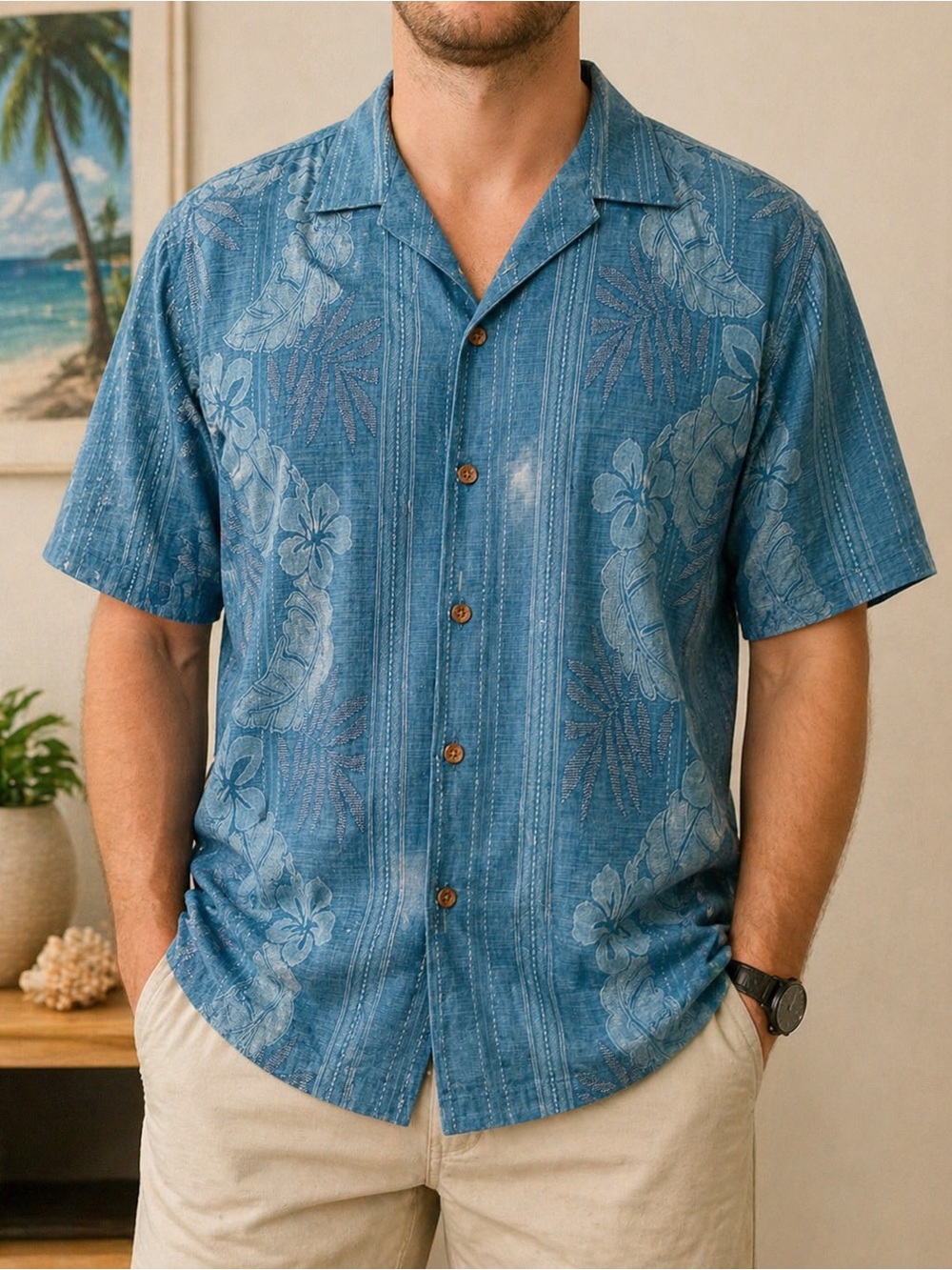Tommy Bahama Teal Blue Floral Short-Sleeve Button-Front Camp Shirt 100% silk